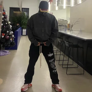 Magic Tape Long Pants Embroidered Print Zipper Cuffed Sweatpants Casual Spor High Street Sle Youthful Straight Leg Trousers - AliExpress Pants