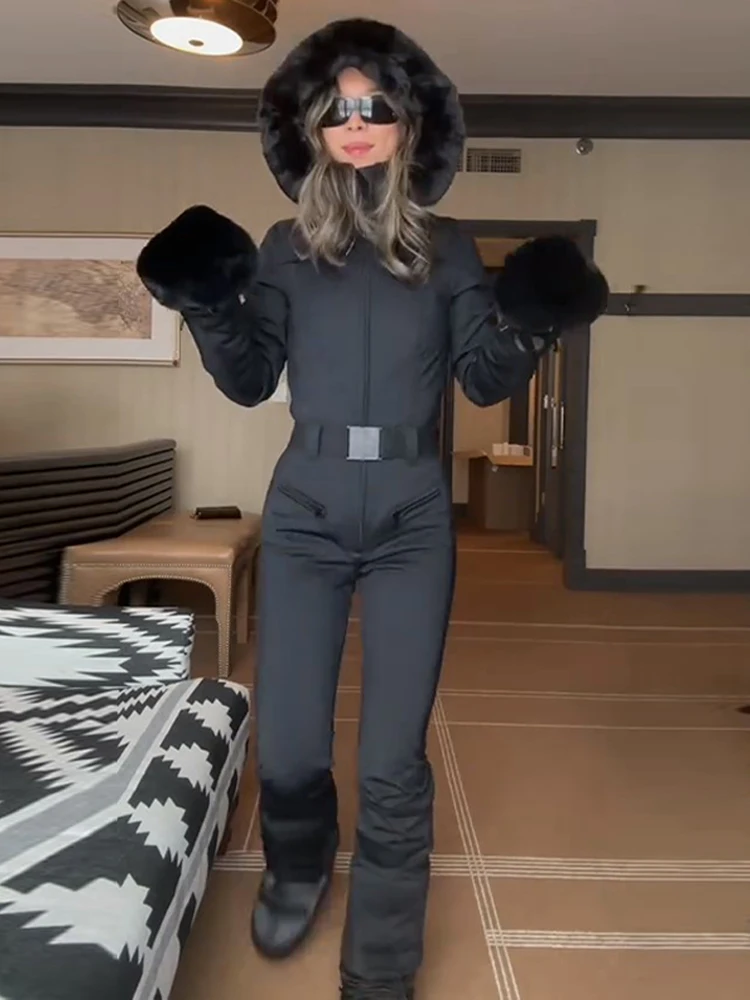 Hooded Black Thick Women One-piece Skiwear With Belt Waterproof Windproof Warm Zipper Pockets Sportswear Fur Edging Gloves - AliExpress Jumpsuits&Rompers
