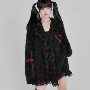 Autumn Winter Punk Harajuku Jacket FY2K Heart-shaped Lace V-neck Kawaii Long-sleeved Knitted Sweater Goth Sweet Loose Women Top - AliExpress Sweaters&Jumpers