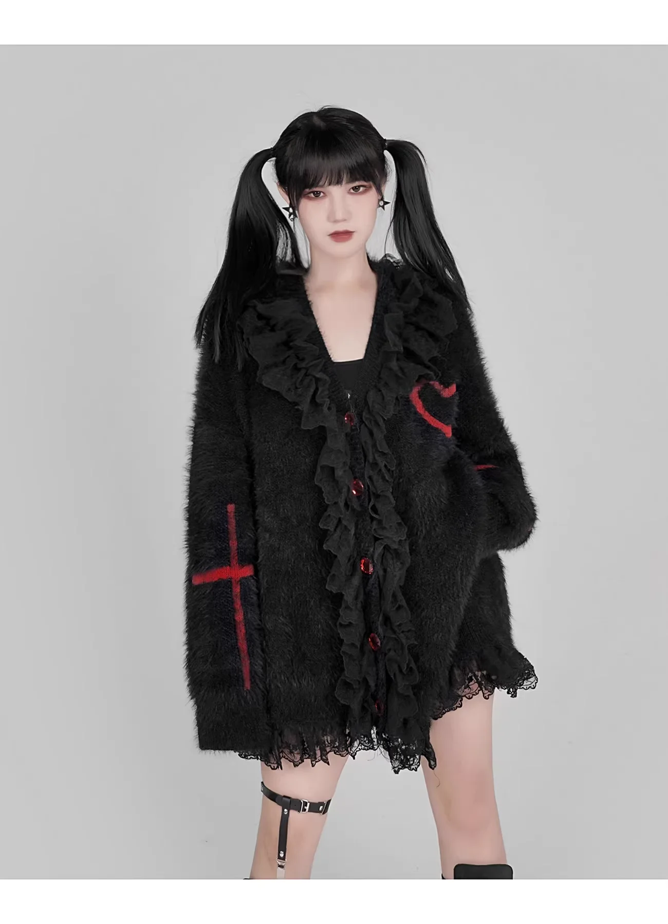 Autumn Winter Punk Harajuku Jacket FY2K Heart-shaped Lace V-neck Kawaii Long-sleeved Knitted Sweater Goth Sweet Loose Women Top - AliExpress Sweaters&Jumpers