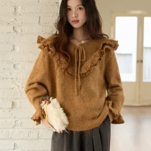 MISHOW Woman Brown Sweater 2025 Winter Retro Sweet Ruffled V-neck Lace Pullovers Loose Casual Long-sleeved Knit TopsMXE87Z2754 - AliExpress Sweaters&Jumpers