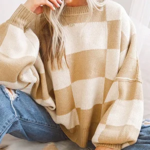 Cream & Beige Checkered Oversized Sweater with Bishop Sleeves, Cozy Fall Winter Pullover for Women - AliExpress Sweaters&Jumpers