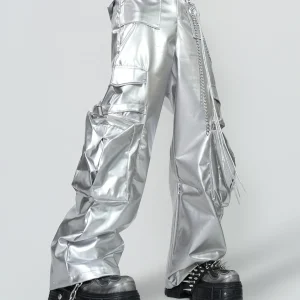 Silver Straight Leg Wide Leg Workwear Trousers Punk Style Performance Pants Visual Show Y2K Trendy Fashion Casual Pants - AliExpress Pants