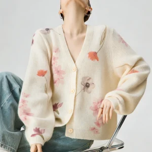 Vintage Style Knitted Cardigan Women's Fashion Spring 2026 Moccasin Print V-Neck Lantern Sleeve Long Sleeve Casual Wear - AliExpress Sweaters&Jumpers