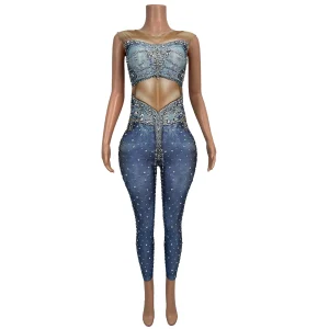 Niuzaiku High Elasticity Women Jumpsuit Blue Printed Denim Tight Pants Bar Stage Performance Costume Music Festival Prom Gowns - AliExpress Jumpsuits&Rompers