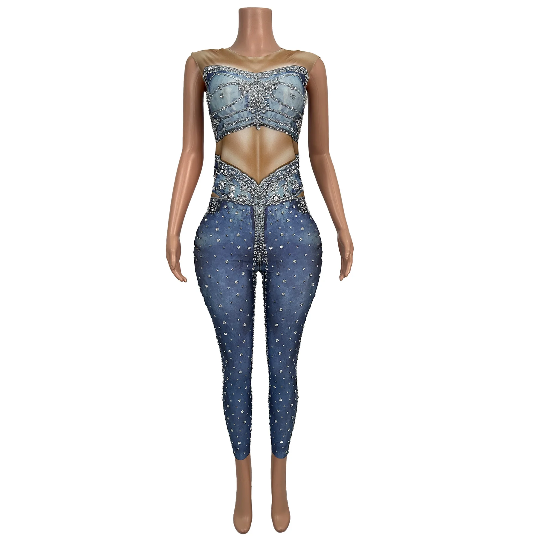 Niuzaiku High Elasticity Women Jumpsuit Blue Printed Denim Tight Pants Bar Stage Performance Costume Music Festival Prom Gowns - AliExpress Jumpsuits&Rompers