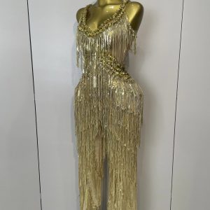 Shiny Gold Rhinestones Sequined Fringe Wide-leg jumpsuit Women Sexy Night Party Club Outfit Singer Stage Perform Costume - AliExpress Jumpsuits&Rompers