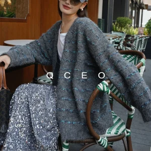 QCEO Lazy Sle V-Ne Sweater Coat Striped Loose Open Cardigan Mid-Length Single Button Women's Autumn Faion Knittedwear - AliExpress Sweaters&Jumpers
