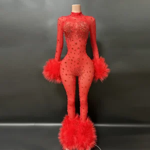 Luxury Shining Diamonds Rhinestones Pink Feathers Long Sleeve Sexy Bodycon Jumpsuit Evening Dress Singer Stage Show Dress - AliExpress Jumpsuits&Rompers