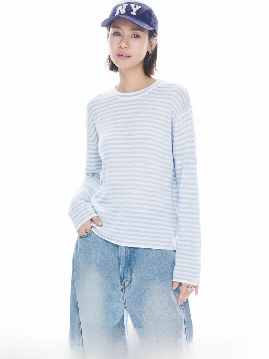 Women's Long Sleeve Knitted Wool Stripe T-Shirt Soft Polyester Fiber Casual Style Commute Series Loose Fit round Neck T-Shirt - AliExpress Sweaters&Jumpers