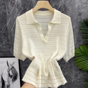 Summer Women's  Neck Short Sleeve Ice Silk Knitted T-Shirt Bright Thread Regular Fit Short Length V-Neck Wool Blend Top - AliExpress Sweaters&Jumpers