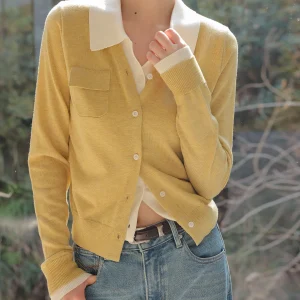 JWUNIQUE Knitted Open Cardigan Soft Yellow High-End Feel Color Blo Collar Ele Top Polyester Acrylic Nylon Wool Blend - AliExpress Sweaters&Jumpers