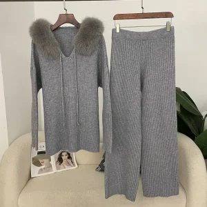 OFTBUY Sweater Women Knitwear Knitted Set Spring Autumn Real Fox Fur Sweater Fashion Natural Fur Cuffs Long Pants Knitted Suit - AliExpress Sweaters&Jumpers