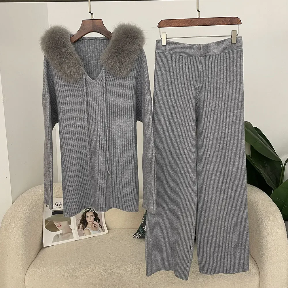 OFTBUY Sweater Women Knitwear Knitted Set Spring Autumn Real Fox Fur Sweater Fashion Natural Fur Cuffs Long Pants Knitted Suit - AliExpress Sweaters&Jumpers