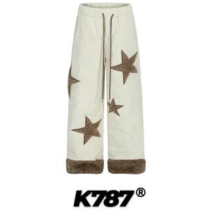 K787 American Retro Thickened Star Cotton Pants High Waist Drawstring Casual Cuffed Long Pants for Men And Women - AliExpress Pants