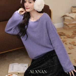 Lu Purple Woolen Sweater Women's Autumn Winter Loose Sle Knitted Top Faion Design Straight Tube ape Long Sve round... - AliExpress Sweaters&Jumpers