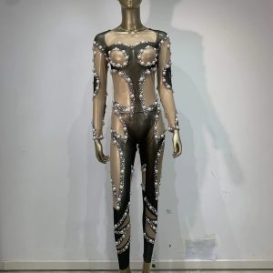 Sparkly Pearl Diamond Mesh Transparent Long Sleeve Jumpsuit Women Celebrate Luxury Birthday Sexy Nightclub Dancer Stage Costume - AliExpress Jumpsuits&Rompers