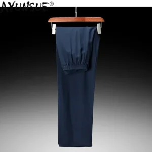100% Mulberry Real Silk Trousers Men Summer Men's Clothing Medium Waist Pants Men's Elastic Waist Straight Pants Man Pantalones - AliExpress Pants
