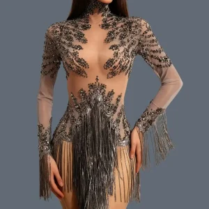 High-end Sparkly Rhinestone High-end Tassel Bodysuit Ladies Latin Dance Team Wear Theme Party See Through Mesh Outfit Tangshui - AliExpress Jumpsuits&Rompers