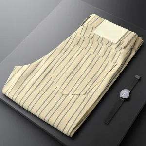 Beige slimming vertical striped casual business pants for men, slimming and small-legged men, summer thin men's pants trend - AliExpress Pants