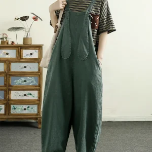 Comfortable Casual One-Piece Suit High Waist Long Pants Cotton Fabric Pure Color Loose Fit with kets Slimming Effect - AliExpress Jumpsuits&Rompers