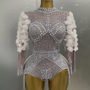 Sexy Luxury Sparkle Diamond Pearls Flower Bodysuits 2025 Women Birthday Party Leotard Dancer Nightclub Performance Stage Outfit - AliExpress Jumpsuits&Rompers
