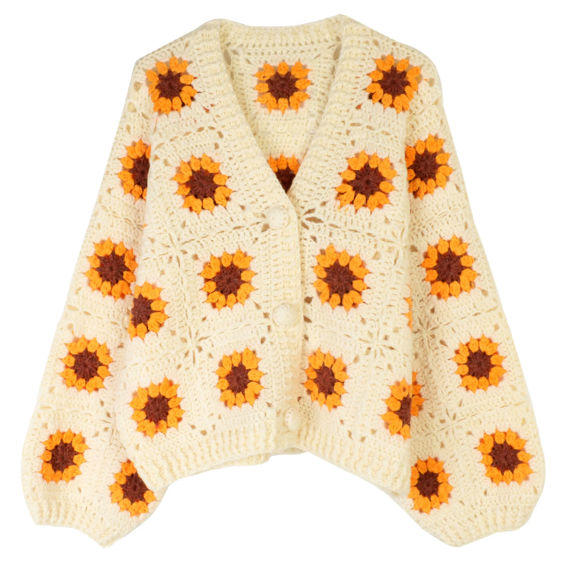 Thick Hand-crocheted Long-sleeved Sweater For Women V-neck Boho Floral Short Cardigan Sweater Autumn And Winter Holiday Sweater - AliExpress Sweaters&Jumpers
