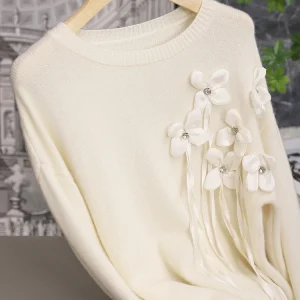Exquisite 3D Flower Embroidery Woolen Knitted Sweater White Heavy Work Fairy Sle Women's Faionable Commute Sle Long Sve - AliExpress Sweaters&Jumpers