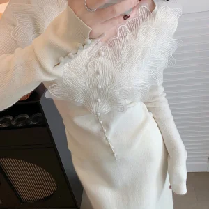 French Sle Slim Fit Woolen Knitted Top V-Ne Lace Splicing 3D Petal Soft Temperament White Color Women's Daily Wear - AliExpress Sweaters&Jumpers