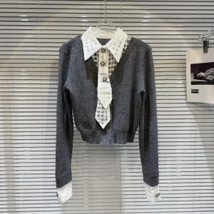 French Style Knitted Top with Mesh Collar Splicing Fake Two-Piece Design Slim Fit Long Sleeve Neck Regular Length Spring... - AliExpress Sweaters&Jumpers