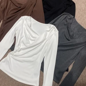 Women's Long Sve Knitted Folded Ne Cross Design Comfortable Soft Cotton Slim Fit Base irt Versatile Sli Top - AliExpress Sweaters&Jumpers