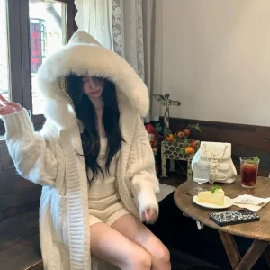 Initial Snow Quali Long Thiened Knitted Cardigan Women's Sle Lazy Faion Fur Simulation Hooded Sweater Outerwear - AliExpress Sweaters&Jumpers