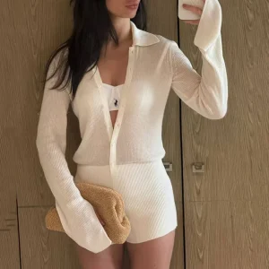 Sexy pure lapel single-breasted one-piece knitted sweater for women, long-sleeved, slimming and form-fitting base top - AliExpress Jumpsuits&Rompers