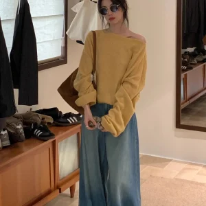 Yellow oulder-Draped Lantern Sve Knitted Sweater Women's Premium Sle Long Sve Korean Faion Autumn New Arrival - AliExpress Sweaters&Jumpers