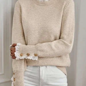 Women's Loose Fit Long Sleeve Knit Sweater with Lace Trim and Button Cuffs, Autumn Casual Pullover - AliExpress Sweaters&Jumpers