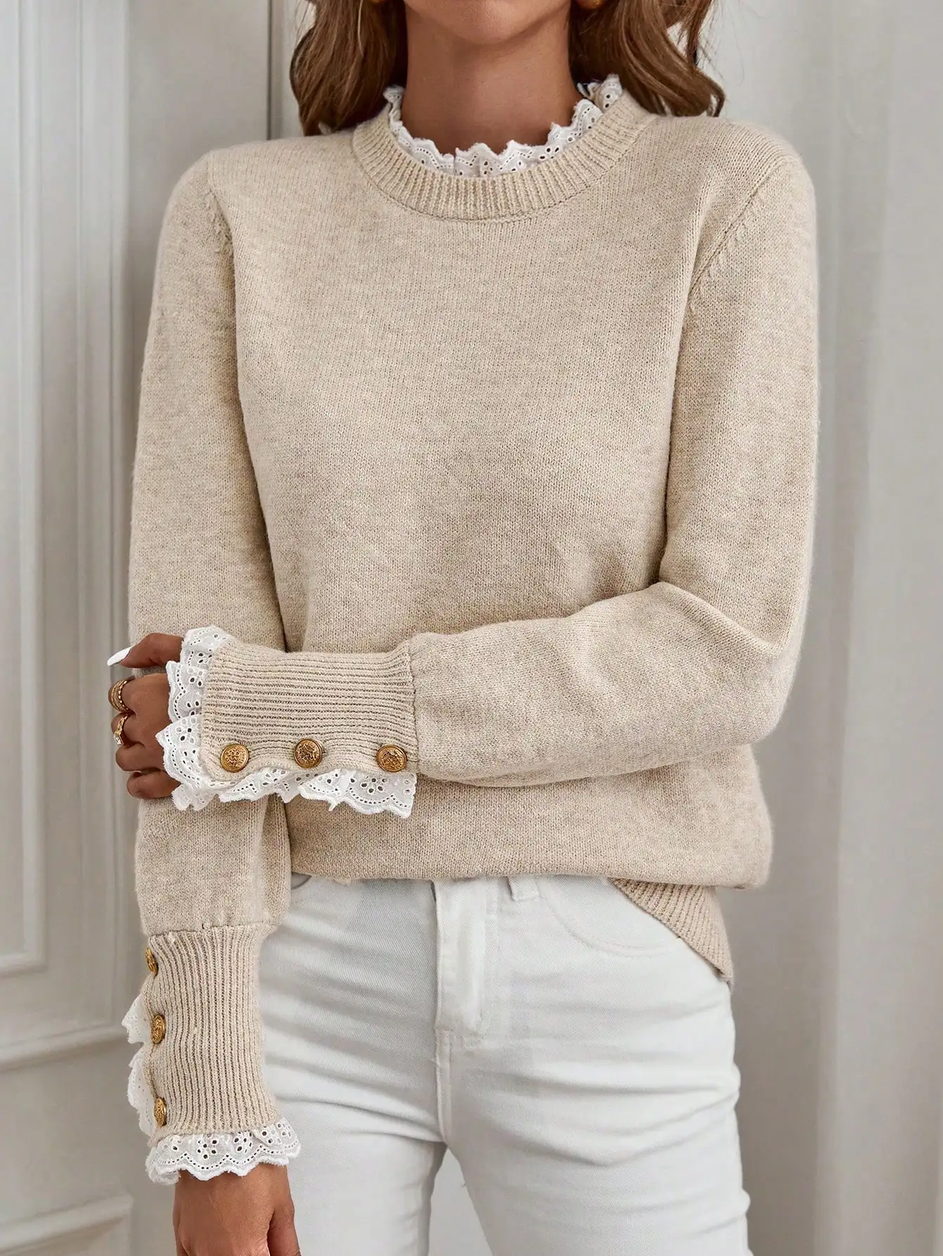 Women's Loose Fit Long Sleeve Knit Sweater with Lace Trim and Button Cuffs, Autumn Casual Pullover - AliExpress Sweaters&Jumpers