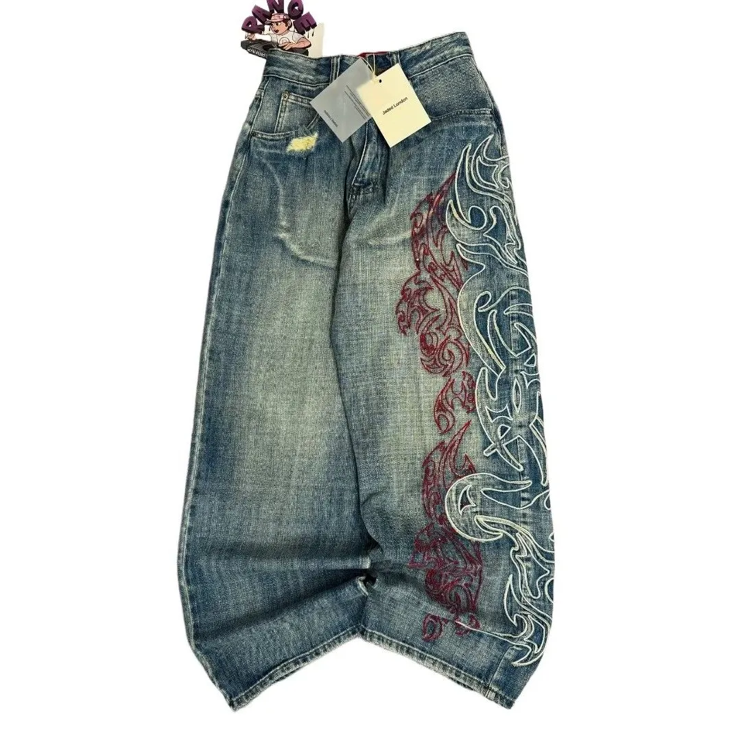 Y2K American New Pattern Embroidery Baggy Jeans High Waist Men's Casual Straight Leg PVC Fabric Clean Fit Neutral Sle - AliExpress Pants