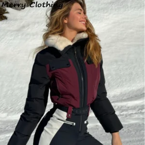 Women's One-piece Ski Suit Patchwork Furry Collar Contrast Zipper Snowboard Jumpsuit with Belt 2026 NEW Waterproof Lady Skiwear - AliExpress Jumpsuits&Rompers