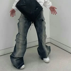 Man Pants Denim Jeans for Men Zipper Pockets Design Cargo Pants Washed Drawstring Full Length Streetwear Men's Clothing - AliExpress Pants