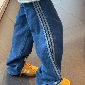 Retro Chinese Sle Side Stripe Waed Embroidered Loose Straight Leg Workwear Jeans Straight Cut Organic Cotton Casual Pants - AliExpress Pants