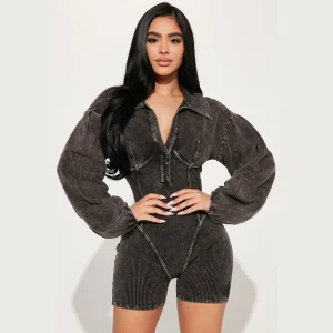 High quality American retro washed one-piece shorts deep V women's fashionable slim fit waist long sleeved sports jumpsuit - AliExpress Jumpsuits&Rompers