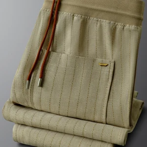 Linen Stripe Casual Pants Men's Slim Fit Spring Summer Thin Breathable Elastic Waist Straight Commute Long Trousers - AliExpress Pants
