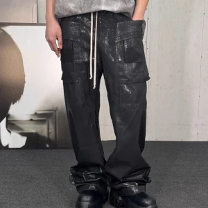 High Street Men's Pants Coating Waxing Design Casual Pants for Man Fashion Full Length Drawstring Men's Clothing - AliExpress Pants