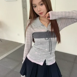 Korean Sle Slim Fit Knitted Crop Top And Vest Set Thin Striped Color Blo Long Sve Knitted Cardigan Women's Faion - AliExpress Sweaters&Jumpers