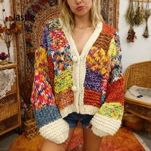 2025 Winter Warm Women's Sweater Cardigan Contrast Color V-neck Long Sleeve Cardigan Hand Crochet Knitted Thick Cable Sweater - AliExpress Sweaters&Jumpers