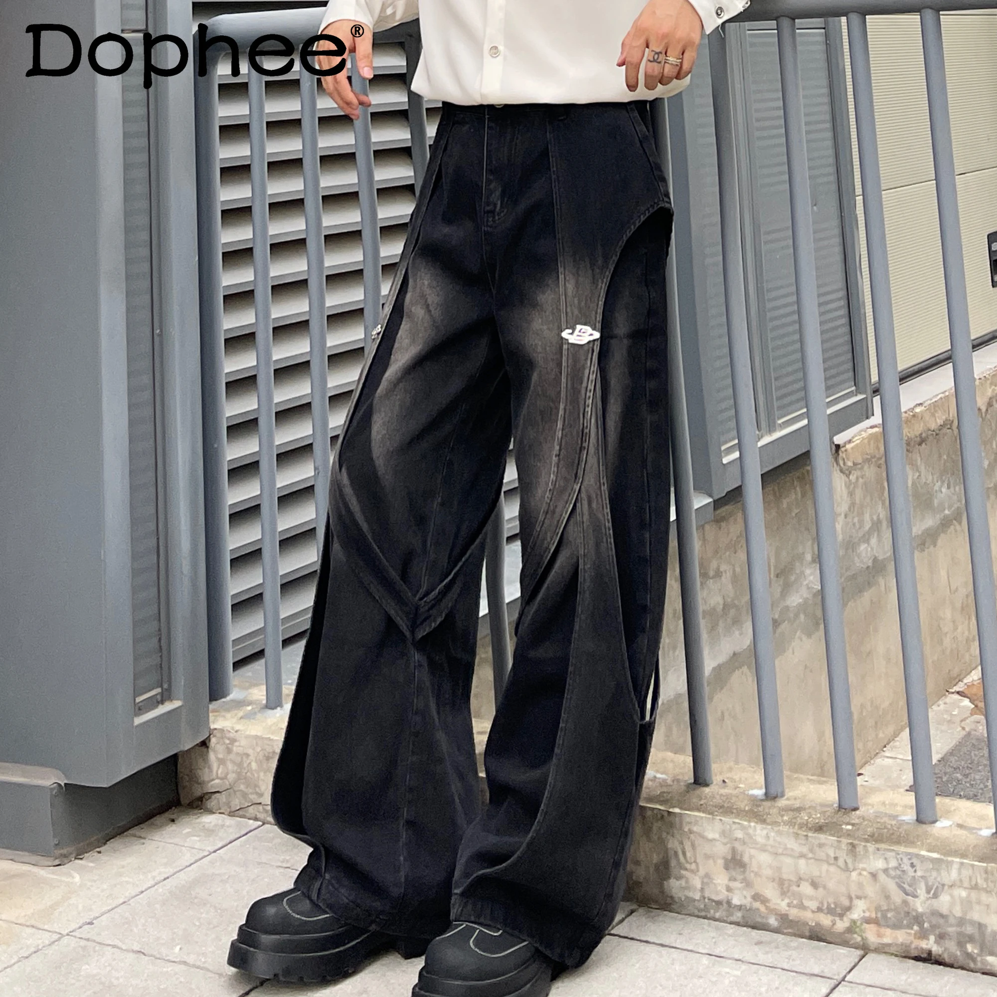 American Retro High Sense Gradual Change Splicing Black Jeans Men's Design Sense Trend Loose Scimitar Pants - AliExpress Pants