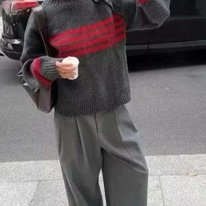 Spring 2026 Women's High Collar Knitted Wool Blend Sweater Red Stripe Casual Sle Regular Fit Long Sve Thermal Comfortable - AliExpress Sweaters&Jumpers
