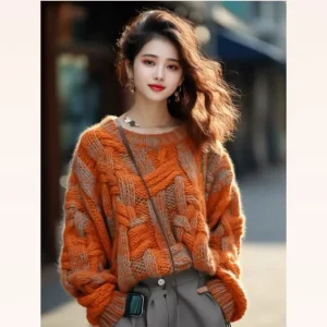 2025 New Women's Orange Chunky Knit Sweater Coat Luxury Euro-Chic Cable Oversized Cardigan Autumn Winter Premium Outerwear - AliExpress Sweaters&Jumpers
