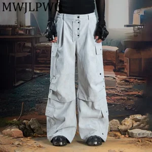 MWJLPWQ Multi-Pocket Rivet Fold Texture Leather Pants Men's Straight Mid-High Waist Unisex Street Button Spliced Trousers 11921 - AliExpress Pants