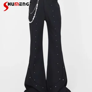 High-End Metal Rivet Design Micro Flared Trousers Men 2025 Four Seasons Wear New Long Pants Male Handsome Fashion Chic Trousers - AliExpress Pants